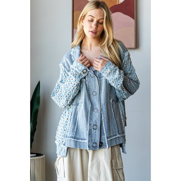 Oli & Hali Washed Contrast Sleeve Denim Button Down Jacket NWOT Size Large - Picture 5 of 9